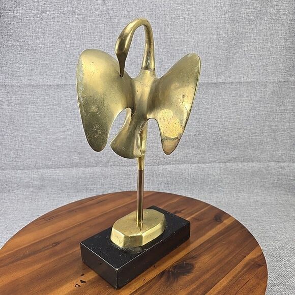 Vintage Solid Brass Flamingo 16” Figurine Detailed Carving On Wood Stand